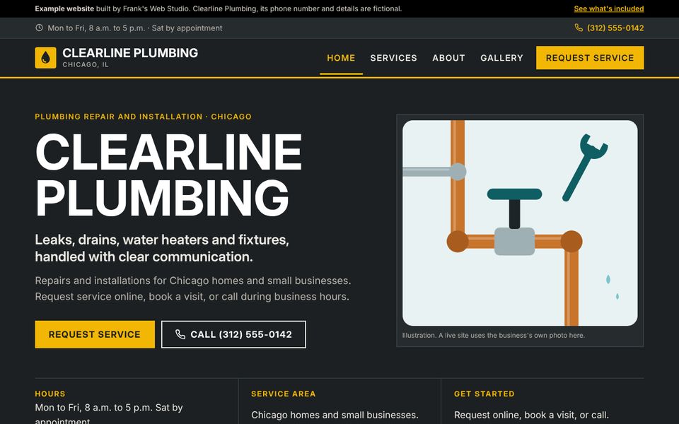 Home page of the Clearline Plumbing example website