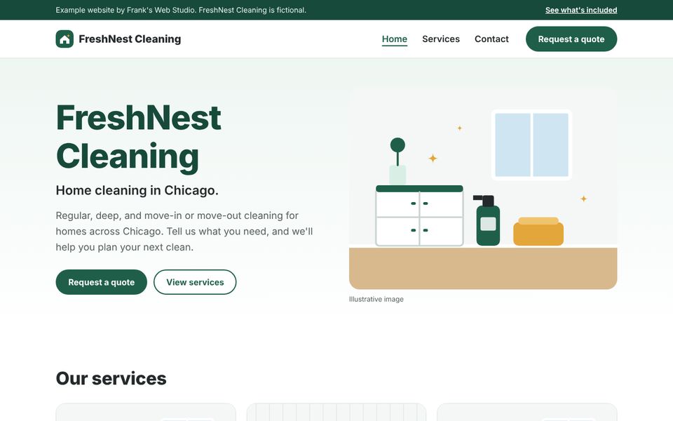 Home page of the FreshNest Cleaning example website